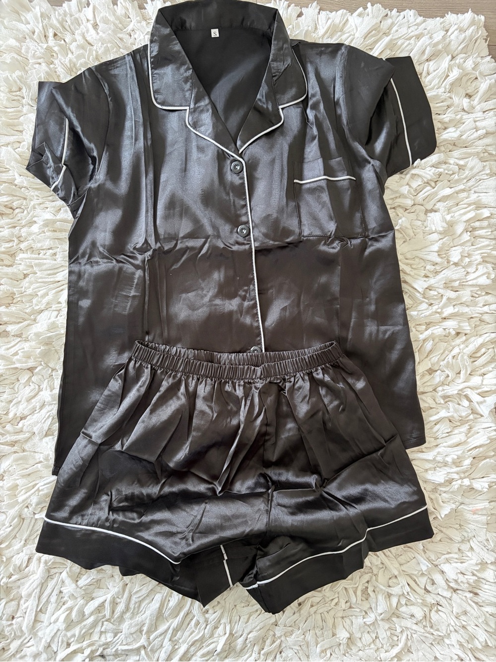 Black Satin Short Sleeve Pajama Set with Contrast Piping